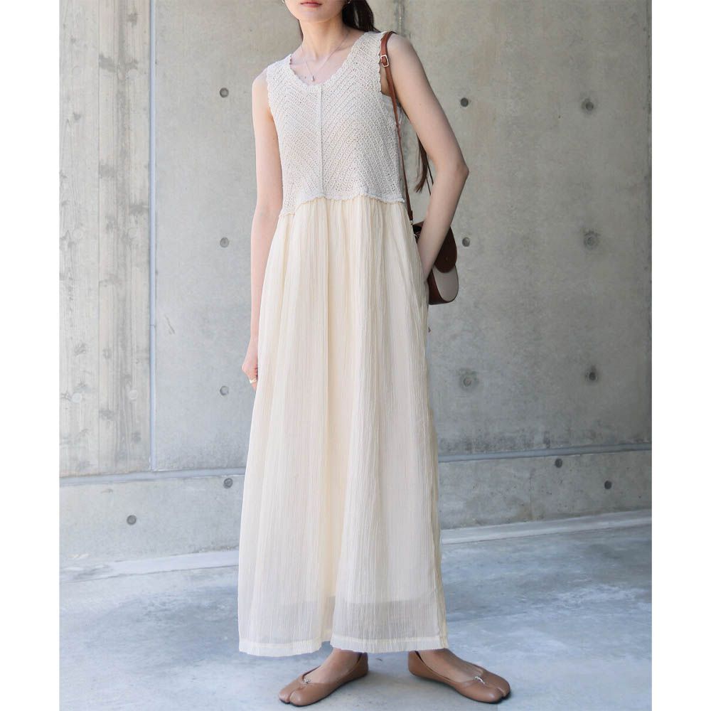 夏日氛圍鉤針縐紗背心裙-象牙白