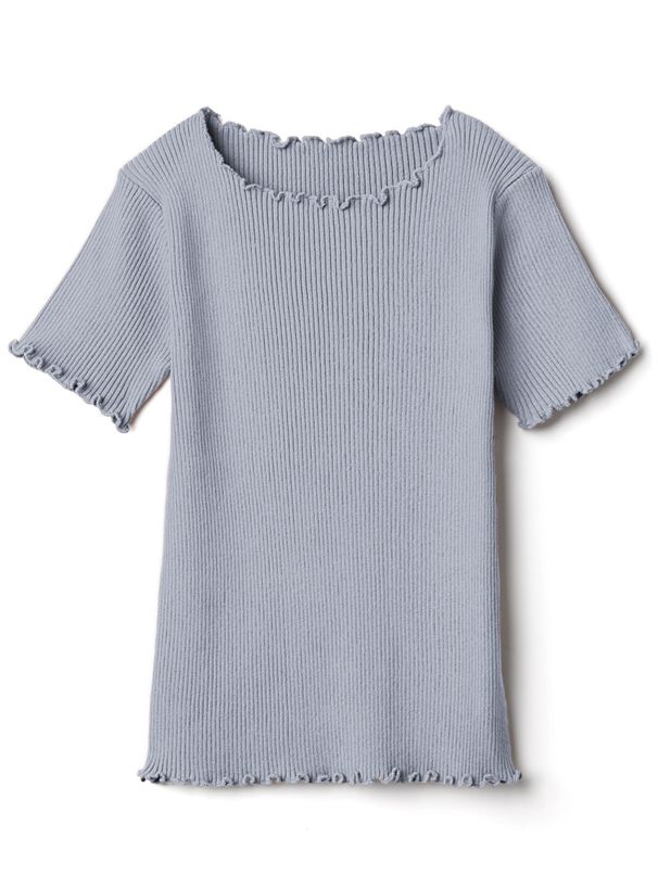 日本 GRL - 圓領木耳捲邊合身短袖上衣-煙燻粉