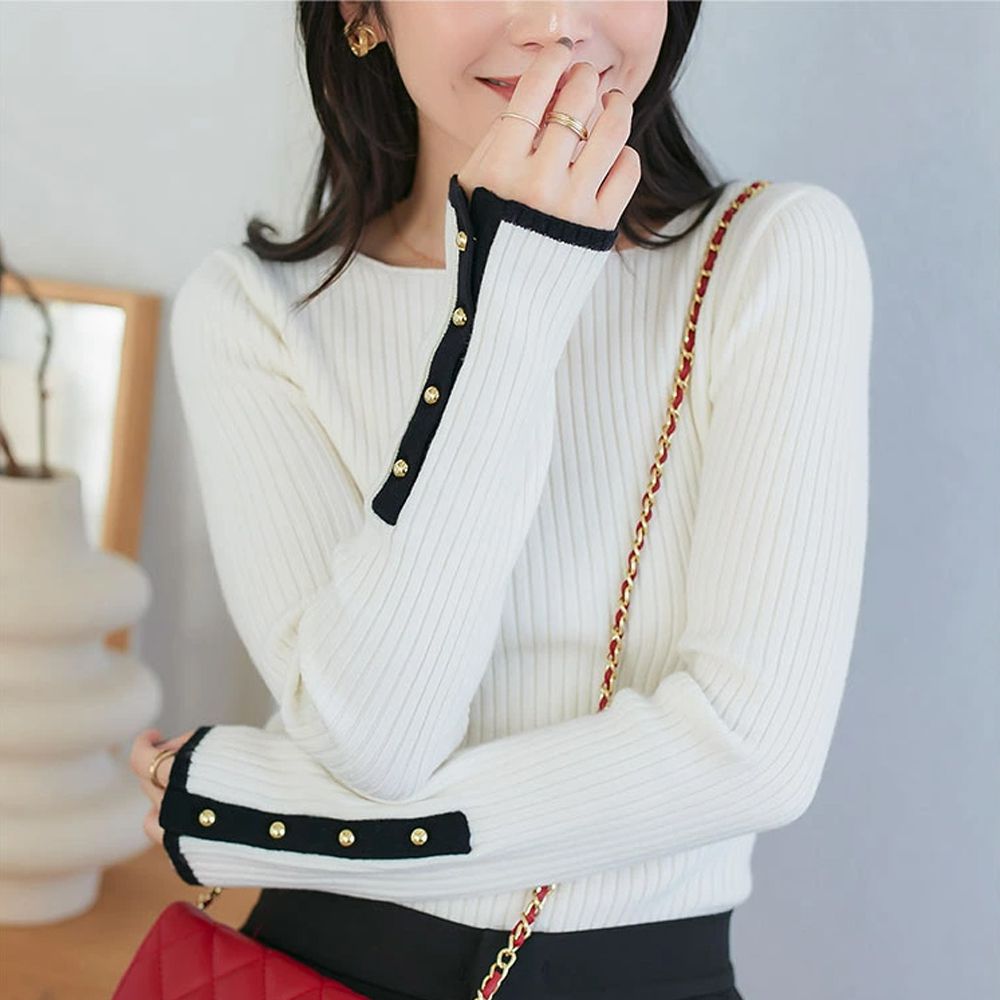 [定番]優美羅紋合身針織上衣(可選領)-金扣-白