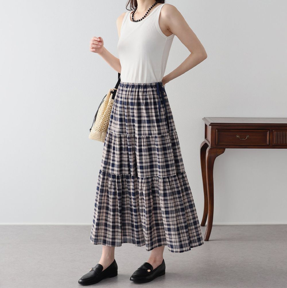 清新格紋側綁帶飄逸分層長裙-海軍藍 (M)
