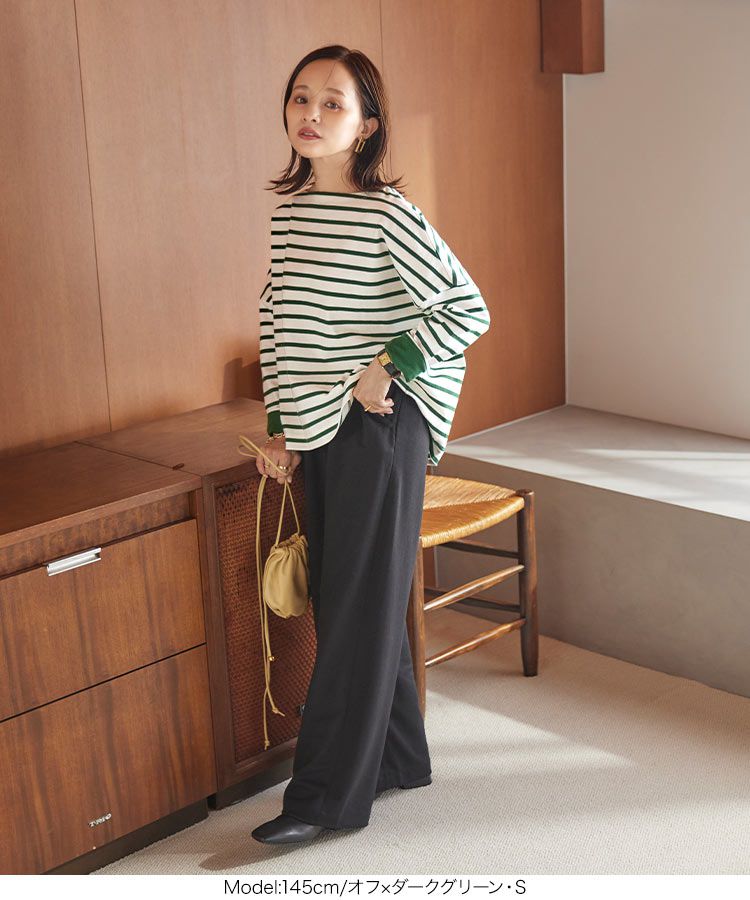 日本 Kobe Lettuce - 聯名款 船領百搭長袖上衣-條紋-白x淺灰