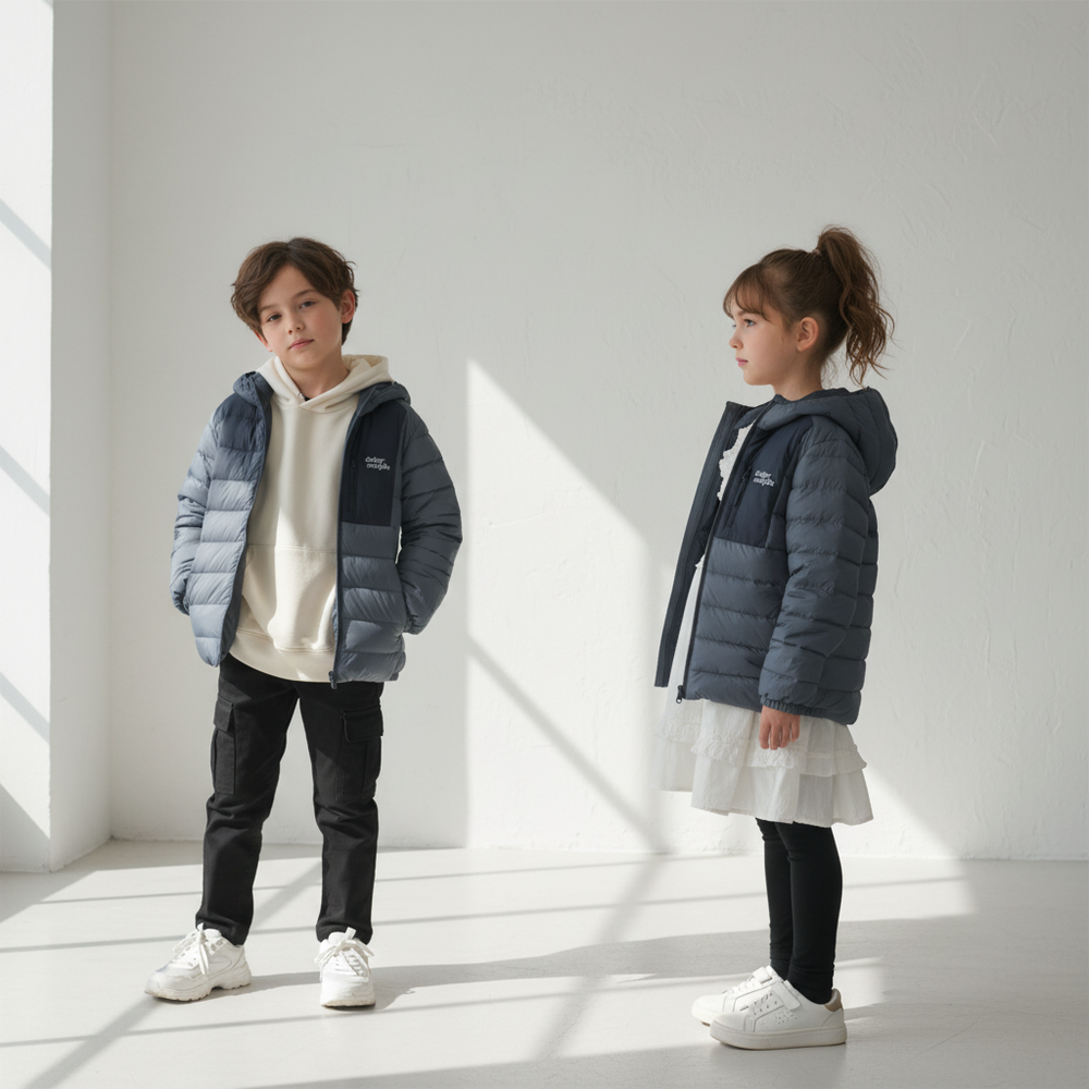 (100%鴨絨)休閒風拼色輕量羽絨連帽外套-深灰