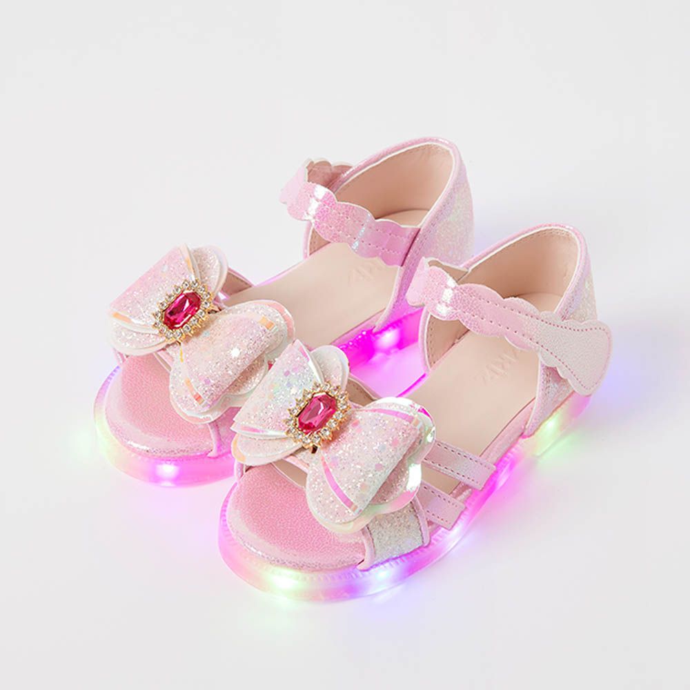 (LED)寶石蝴蝶結亮粉公主涼鞋-粉