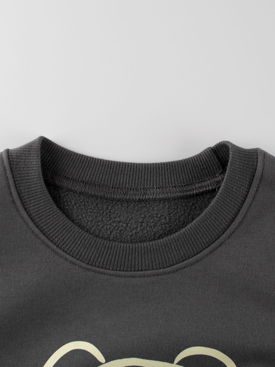 加絨棉質圓領長袖上衣/大學T-熊熊-深灰色