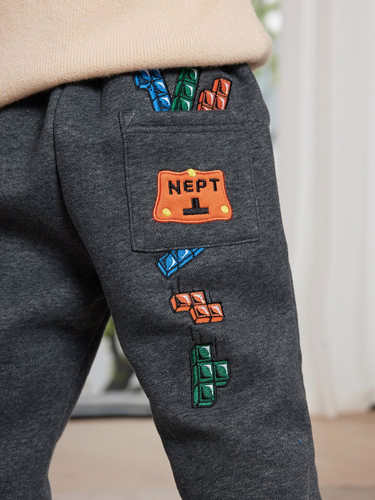 薄絨腰鬆緊休閒保暖束口長褲-俄羅斯方塊-深灰色