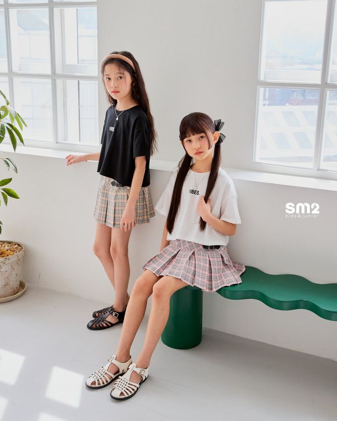 韓國 sm2 - 學院格紋扣帶裝飾百褶裙-粉