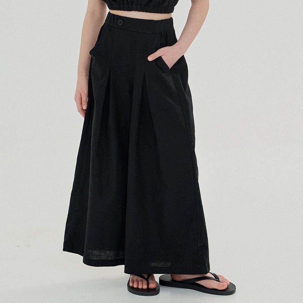 後鬆緊棉麻簡約打褶寬褲-黑