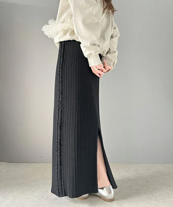 日本 Classical Elf - mily bilet 羅紋修身側流蘇針織長裙-象牙米