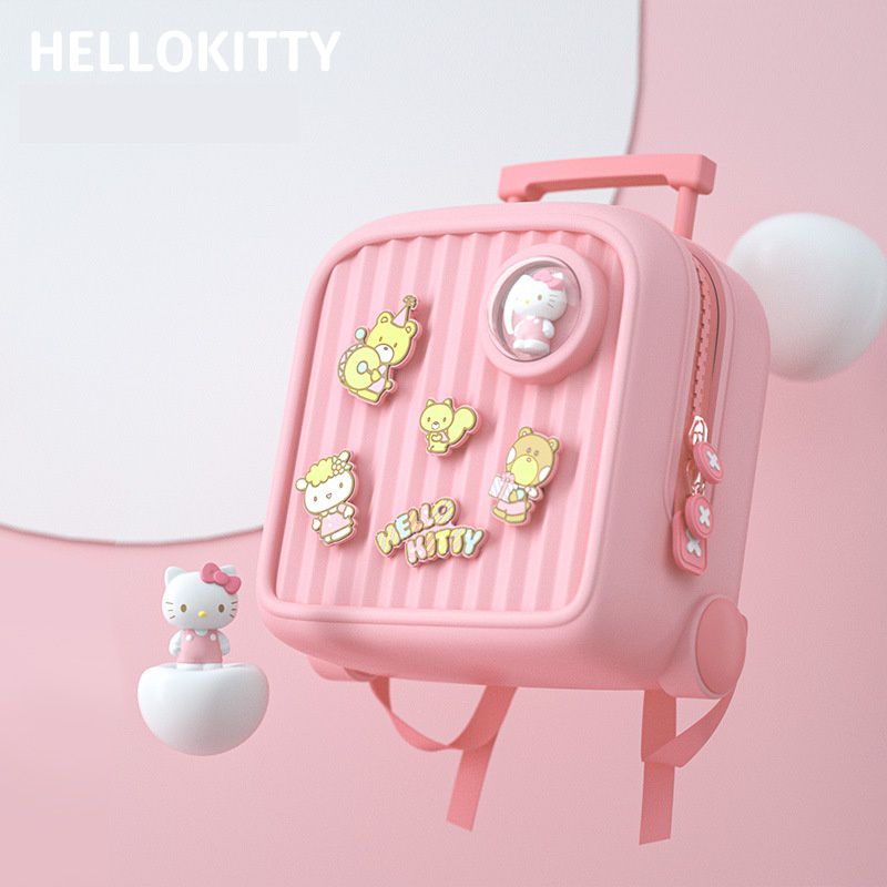 卡通DIY可拆式兒童後背包/小方包(有拉桿)-卡通人物-HELLO KITTY-粉色 (29.2x17.8x28.5cm)-適合3-8歲