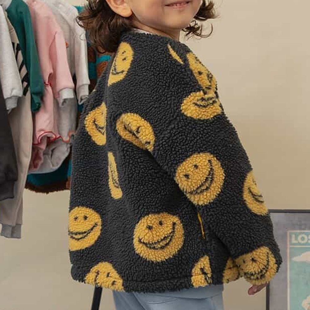 繽紛印花毛毛保暖外套-笑臉-黑