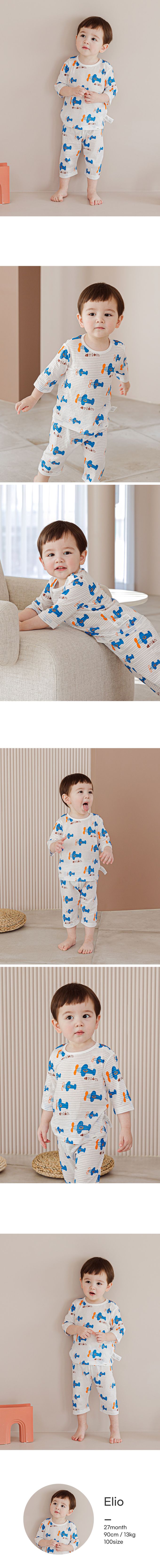 韓國 Cordi-i - 無螢光棉透氣緹花七分袖家居服-藍色飛機-白