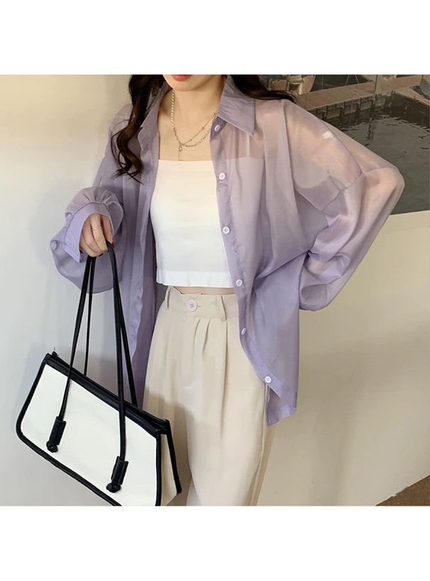 日本 GRL - 透明感氣球袖襯衫/罩衫-淺粉 (M)