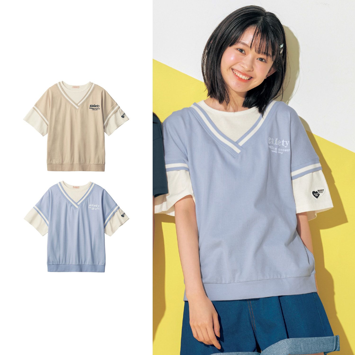 日本 Papel lapiz - 背後緞帶假二件落肩感短袖上衣-淺卡其