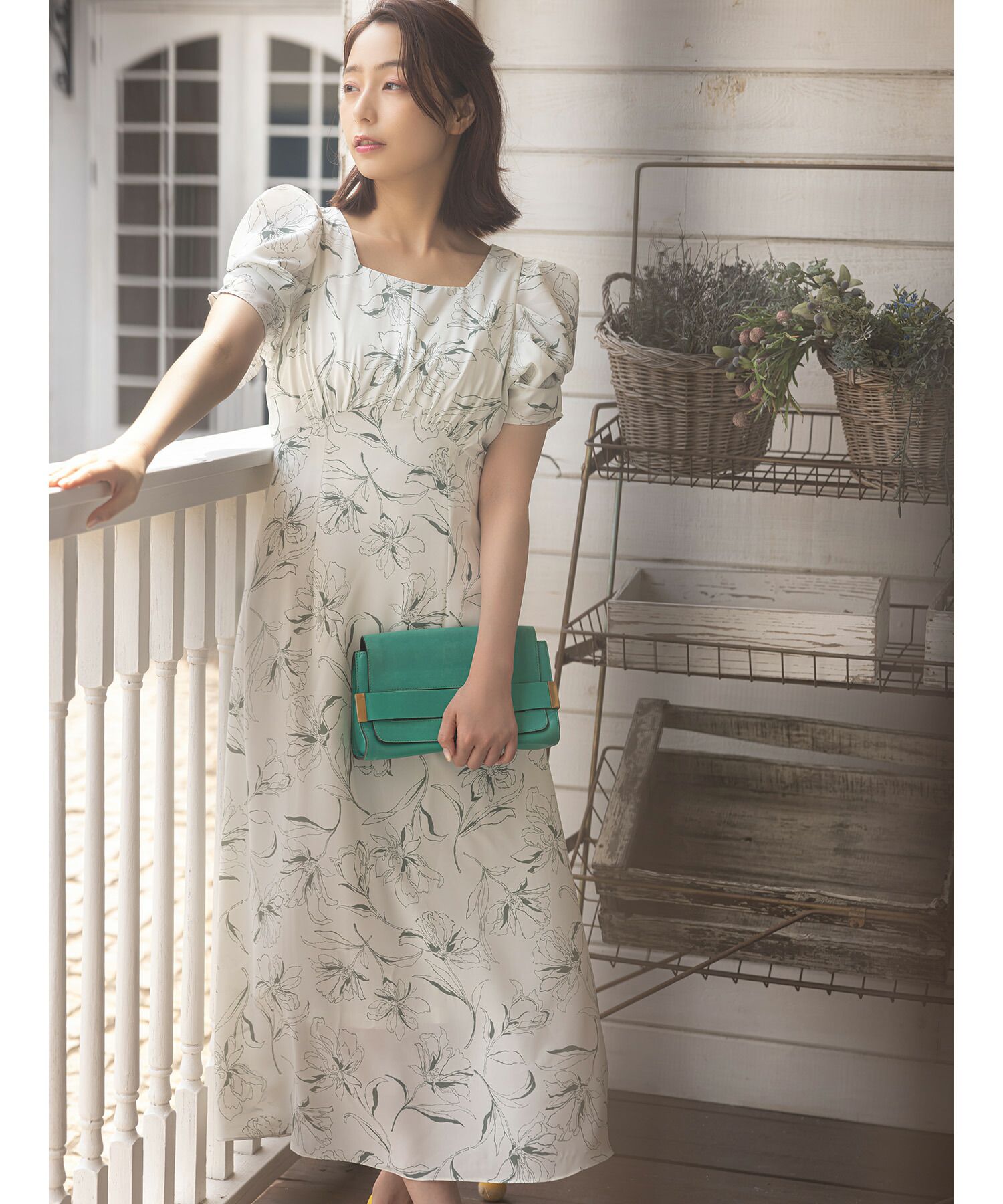 日本 tocco-closet - 典雅方領後綁帶泡泡袖洋裝-純潔百合-春芽綠