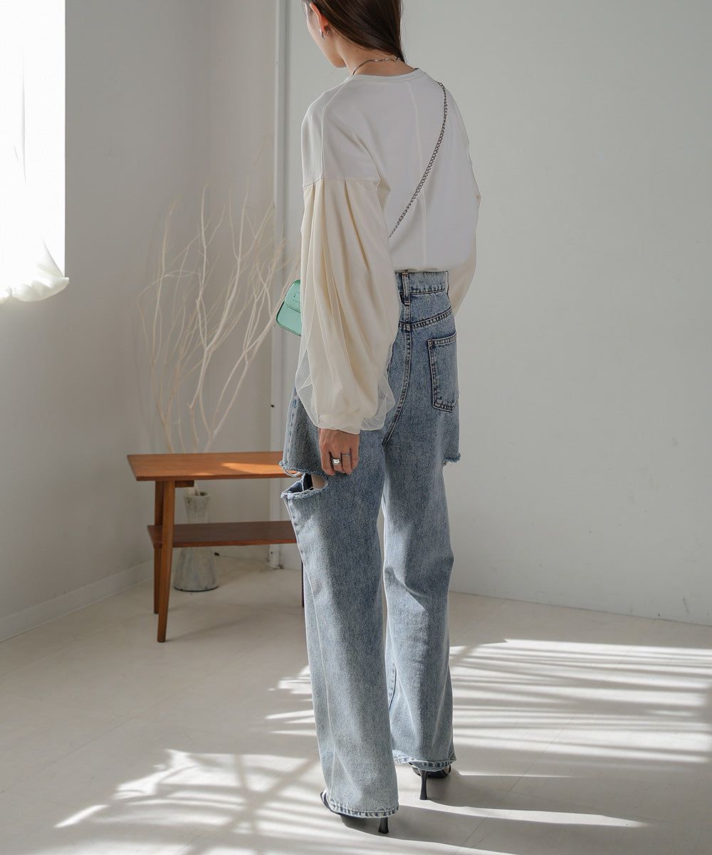 日本 Bab - 優雅拼接薄紗長袖上衣-深灰