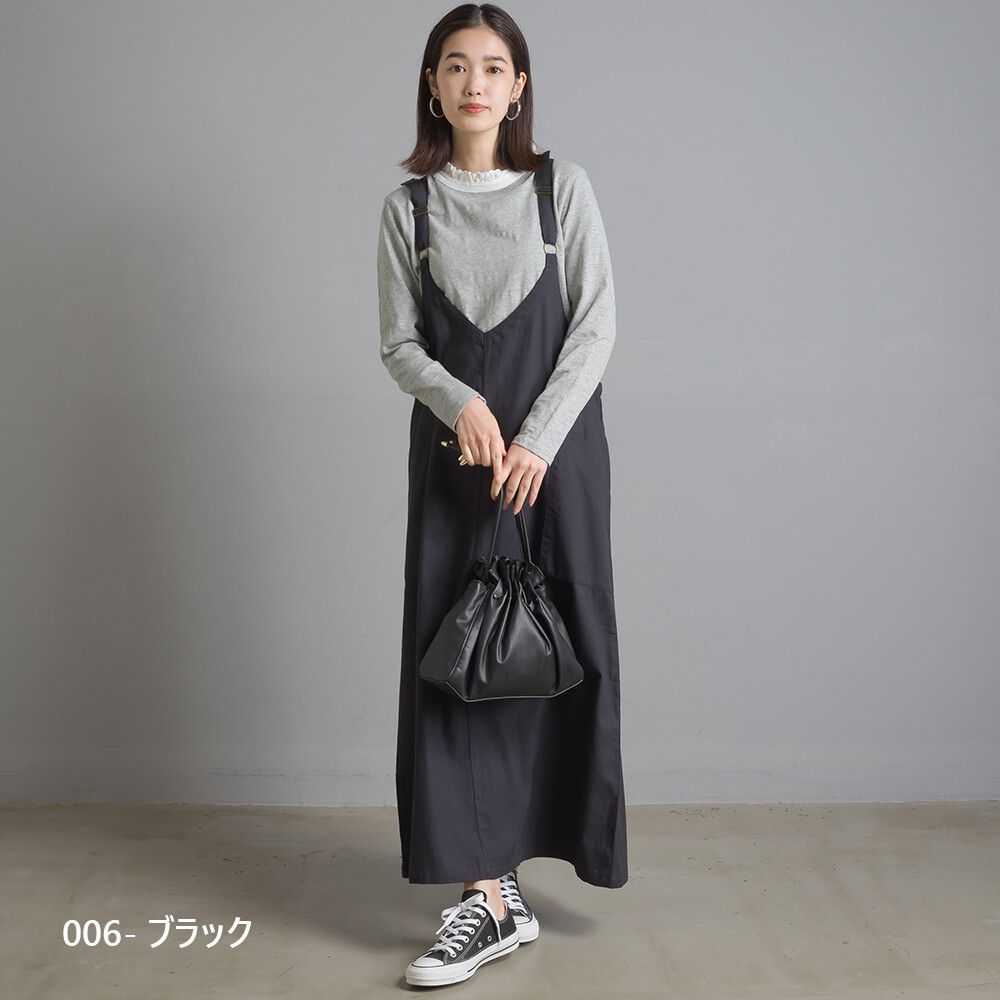 日本女裝代購 - V 領純棉斜紋吊帶裙-薑黃 (Free size)