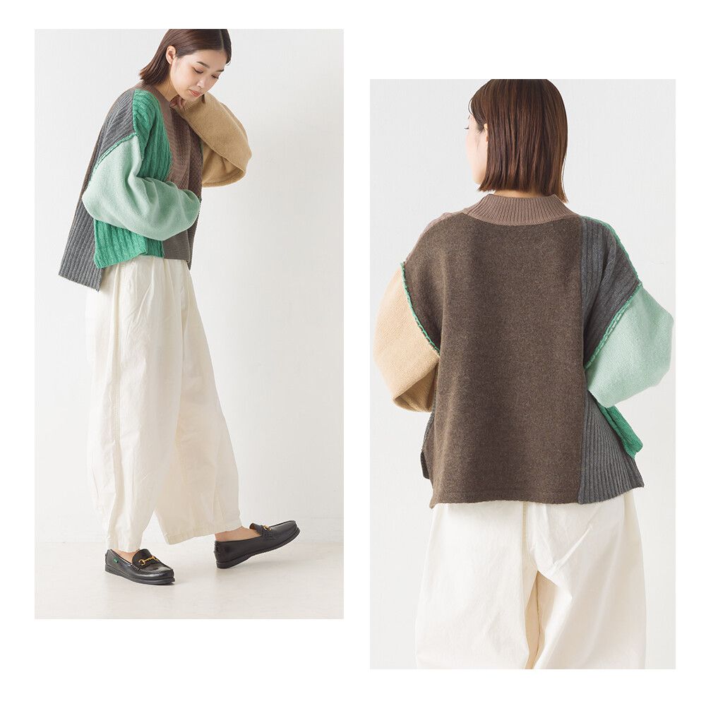 日本 OMNES - 蒙德里安幾何撞色短版毛衣-橘x米