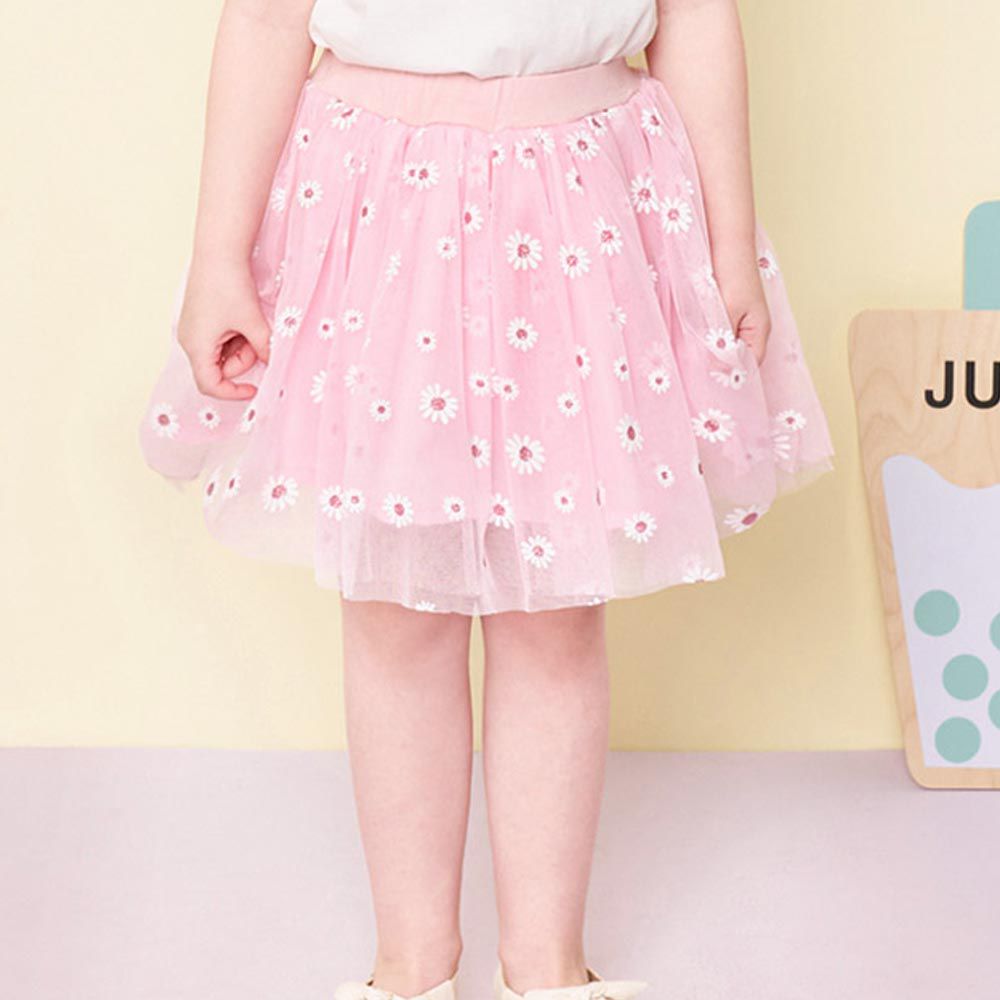 韓國 Jelispoon - 鬆緊腰雛菊點綴內搭層次紗裙-粉紅