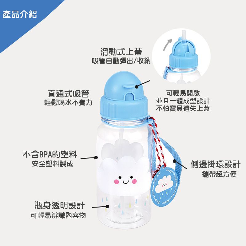 英國 Rex London - 兒童吸管水瓶-快樂雲(500ML)