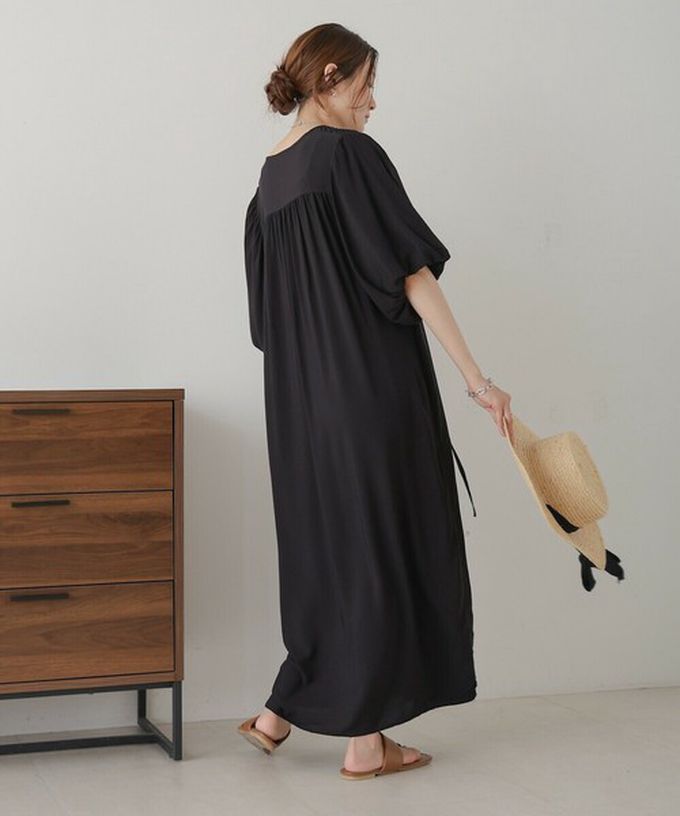 日本 Bab - 領口休閒綁帶泡泡短袖洋裝-焦糖棕 (M)