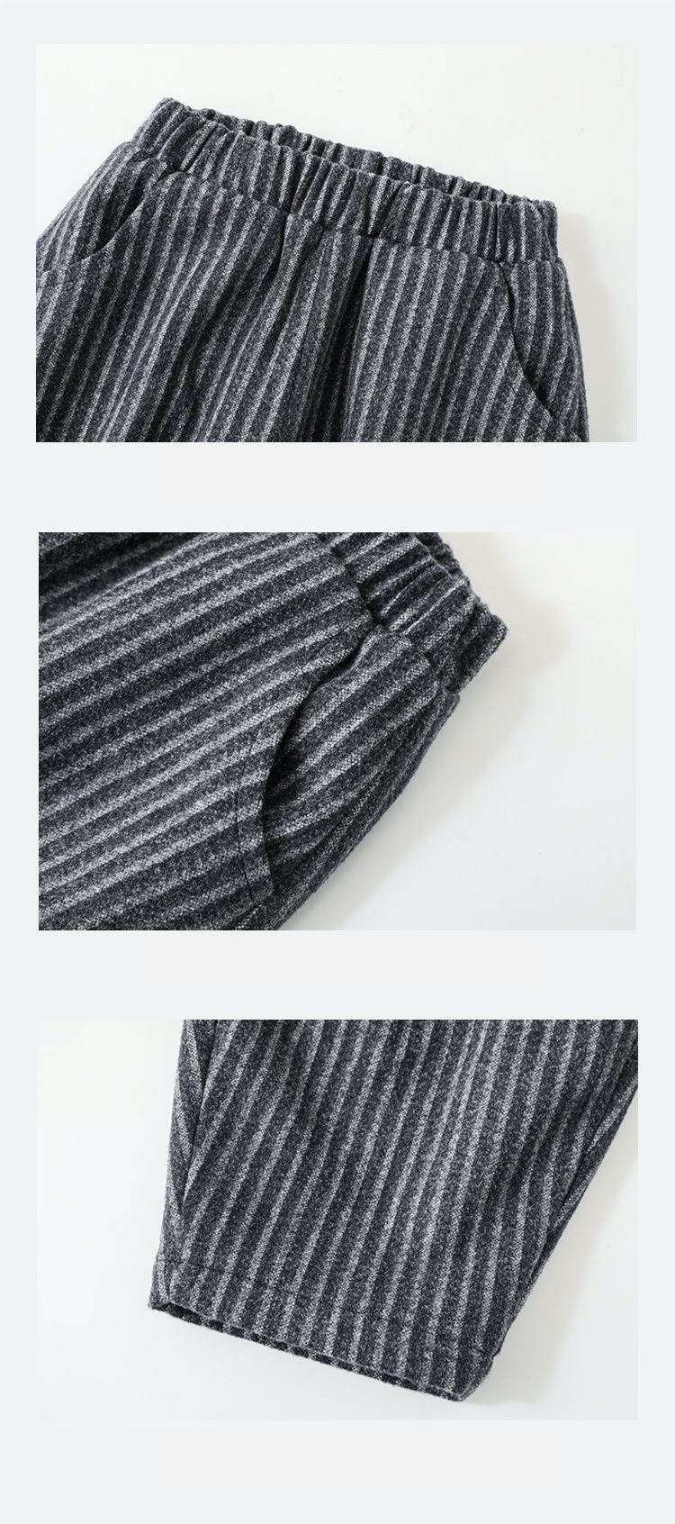 TONGMO - (加絨)小紳士腰鬆緊休閒條紋寬褲-黑+灰