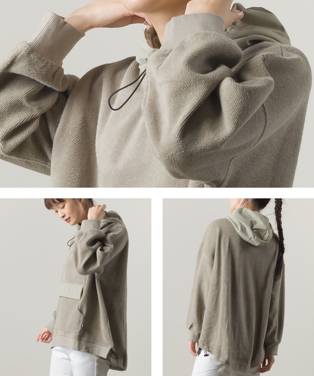 日本女裝代購 - 純棉 裏毛異材質拼接口袋連帽T-黑 (Free size)