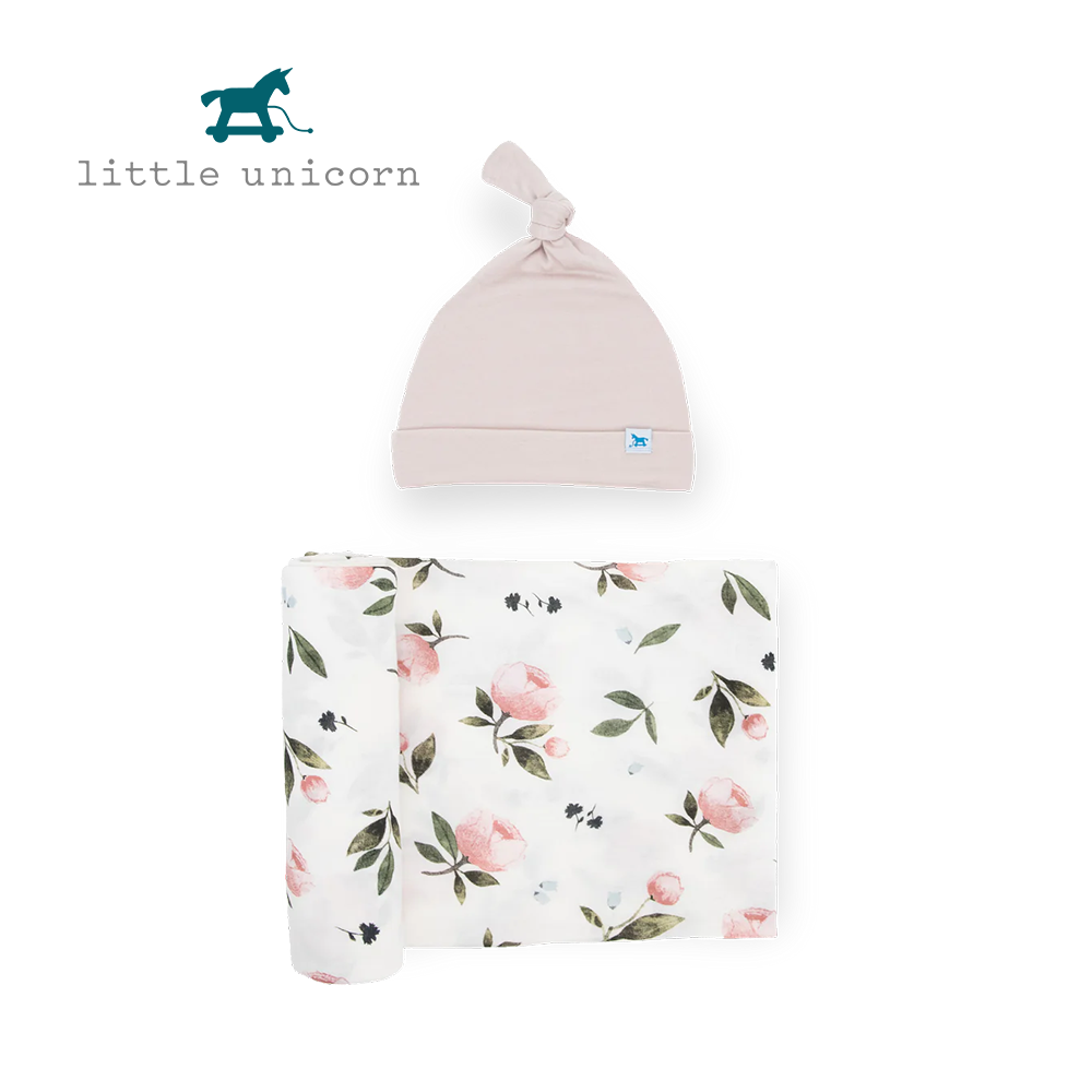 美國 Little Unicorn - 絲柔超彈帽子包巾禮盒組-水彩玫瑰
