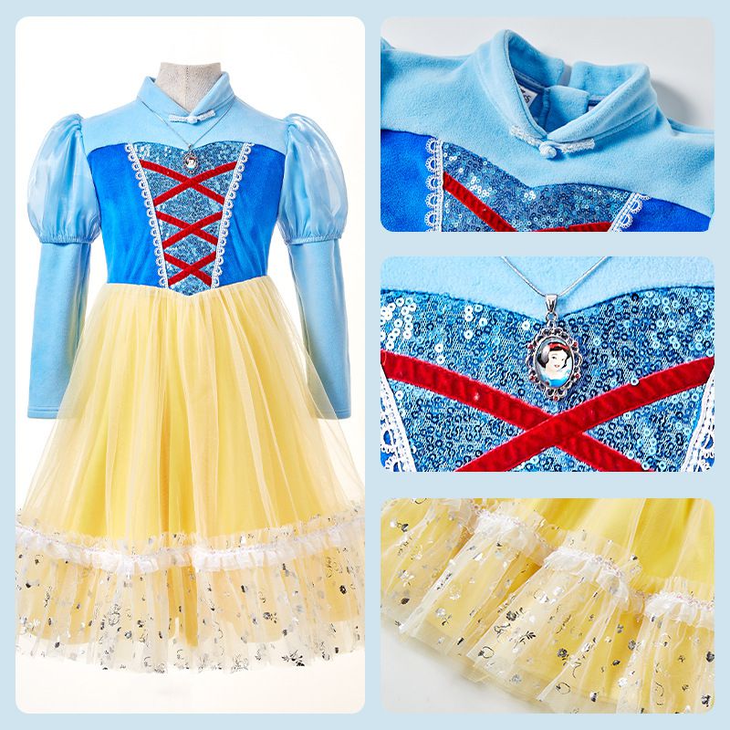 公主系列造型長袖連身裙/萬聖節-卡通人物白雪公主(送項鍊)-黃+藍