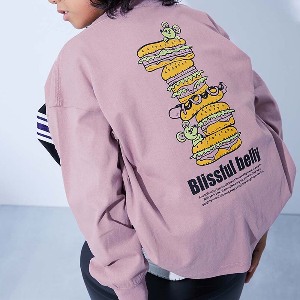 100%棉 定番印花寬版長袖上衣-漢堡疊高-灰粉