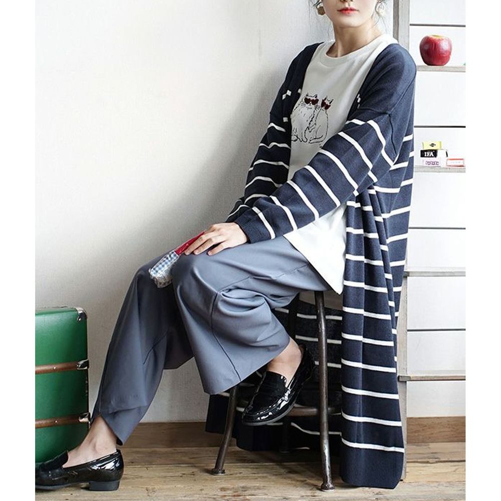 日本 zootie - HEATFUL 吸濕發熱針織開襟側面口袋長版外套-深藍條紋