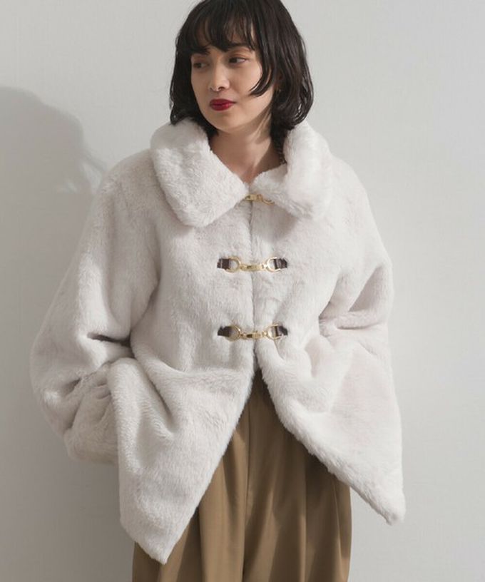 日本 ELENCARE DUE - 魅力金扣柔軟蓬鬆仿毛翻領大衣外套-炭灰