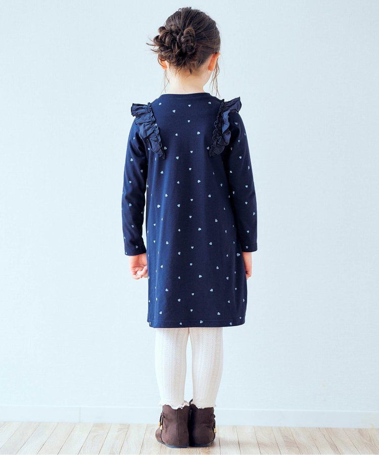 日本 apres les cours - 肩部荷葉印花薄長袖洋裝-愛心-海軍藍