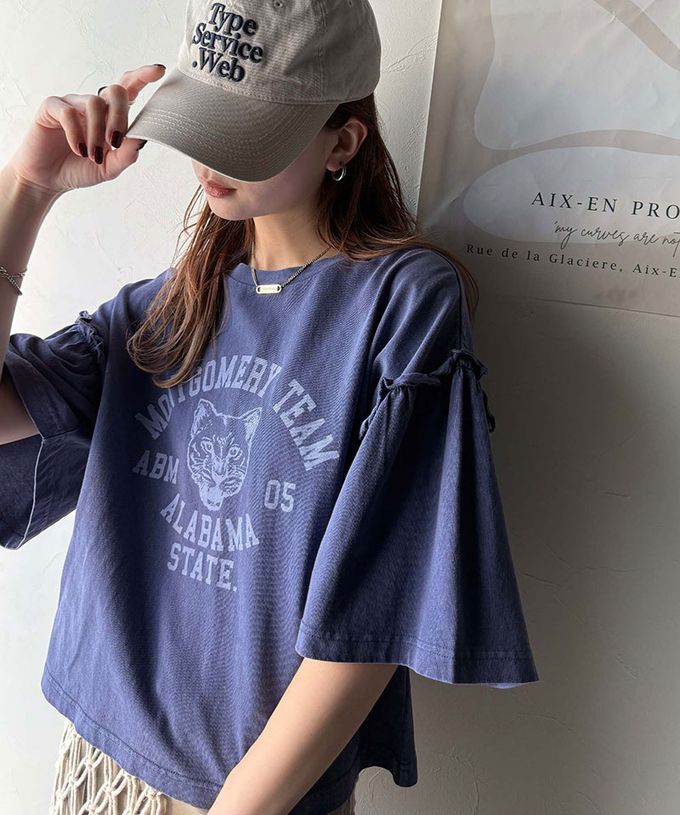 日本 Classical Elf - 貓科酷印花寬大荷葉五分袖上衣-靛藍