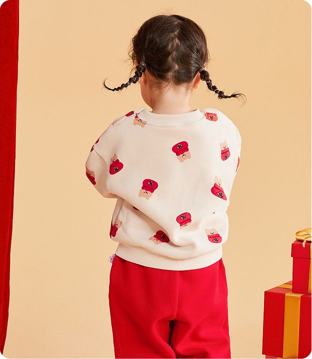 加絨喜氣洋洋長袖上衣-福氣熊熊-紅色