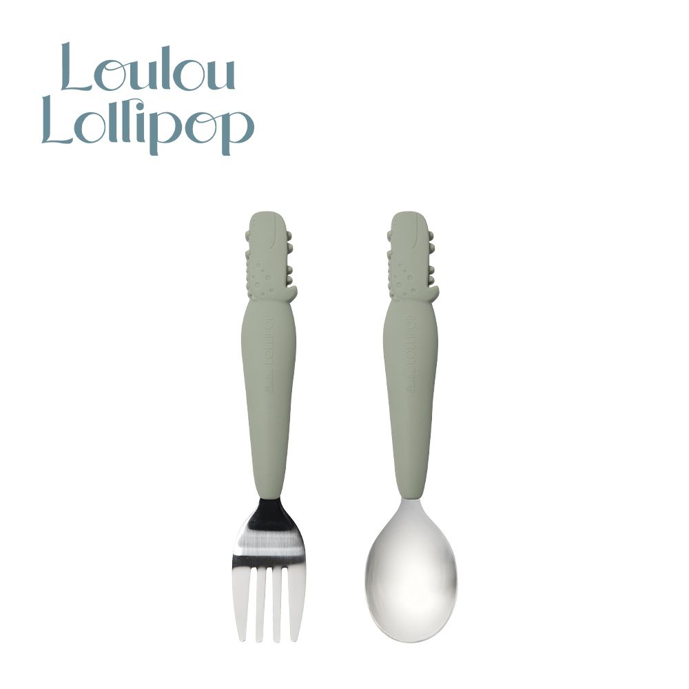 Loulou Lollipop - 加拿大 動物造型 兒童304不鏽鋼叉匙組-微笑鱷魚