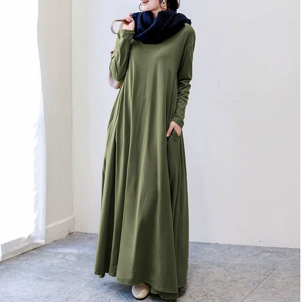 3D立體剪裁顯瘦長袖長洋裝-軍綠色