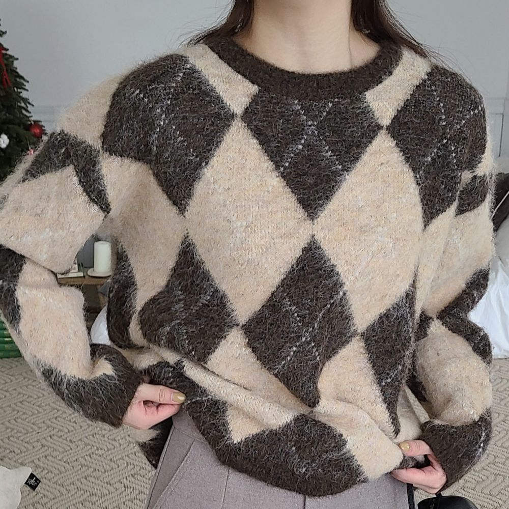 造型菱格紋路混羊毛針織上衣-卡其 (FREE)