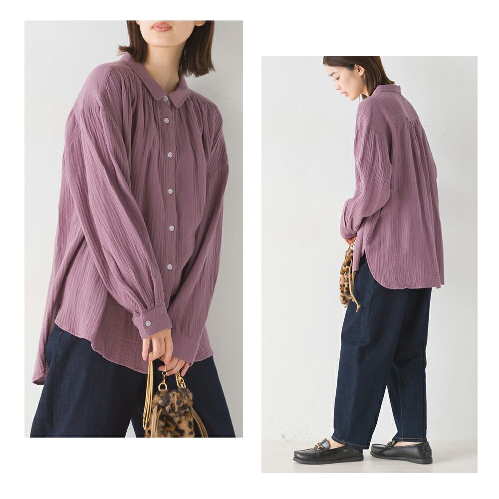 日本 OMNES - 翻領質感二重紗長袖襯衫-格紋-灰黑