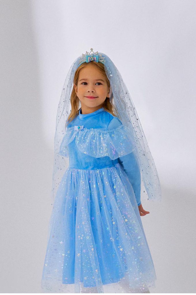 韓國 OZKIZ - (附髮箍)冬日公主星星亮片網紗洋裝-天空藍