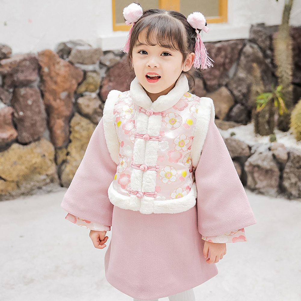 雪絨棉襖旗袍洋裝-加厚款洋裝＋背心-粉色