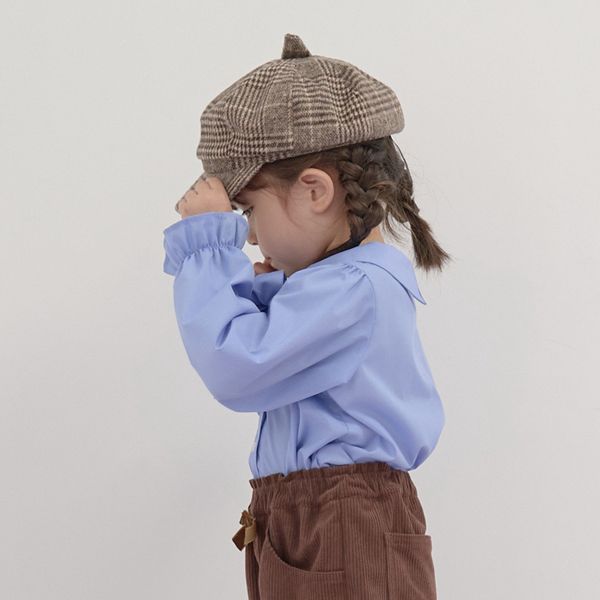 日本 Lycee mine - 大蝴蝶結優雅糖果袖襯衫-格子-卡其