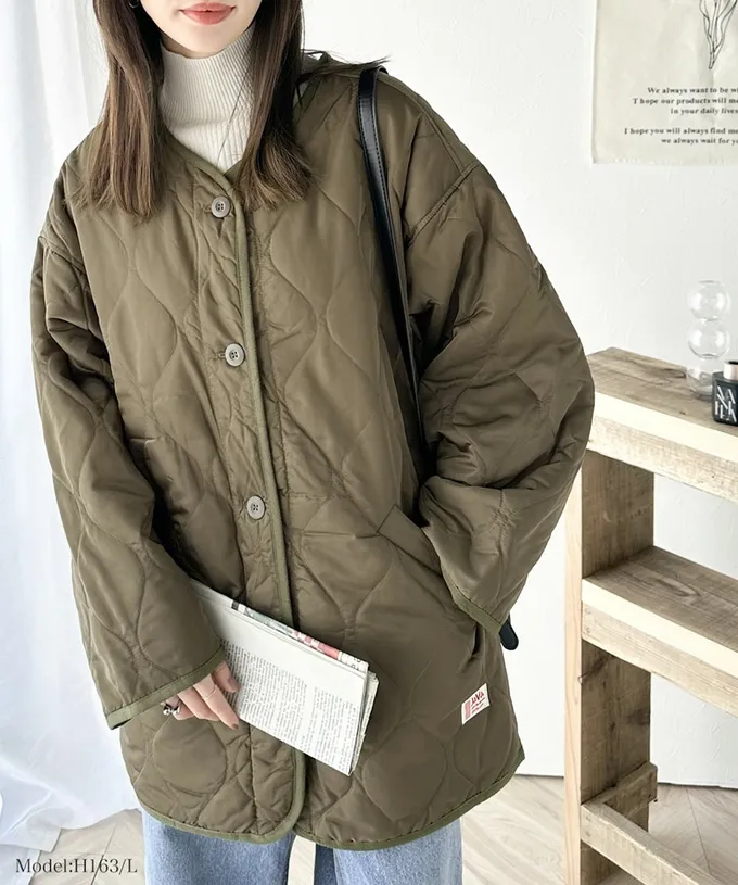 日本 Classical Elf - 簡約絎縫泡泡紋鋪棉外套-淺米杏