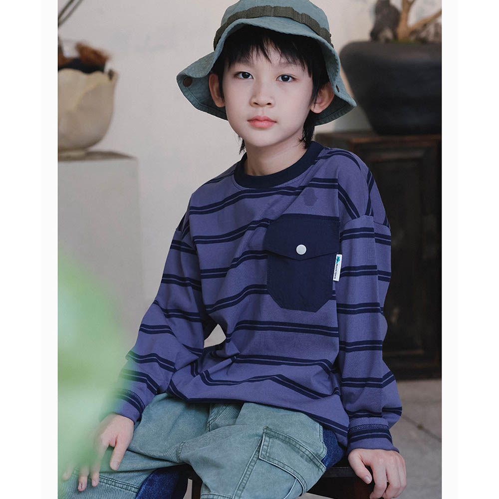 純棉圓領長袖上衣-設計口袋-藍紫條紋