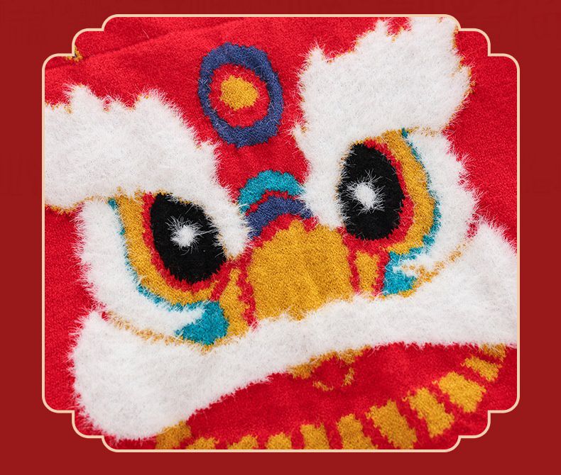 (加絨)喜氣拜年圓領針織長袖毛衣-醒獅-紅色