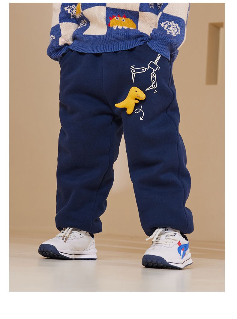加絨腰鬆緊休閒保暖束口長褲-夾娃娃機恐龍-深藍色