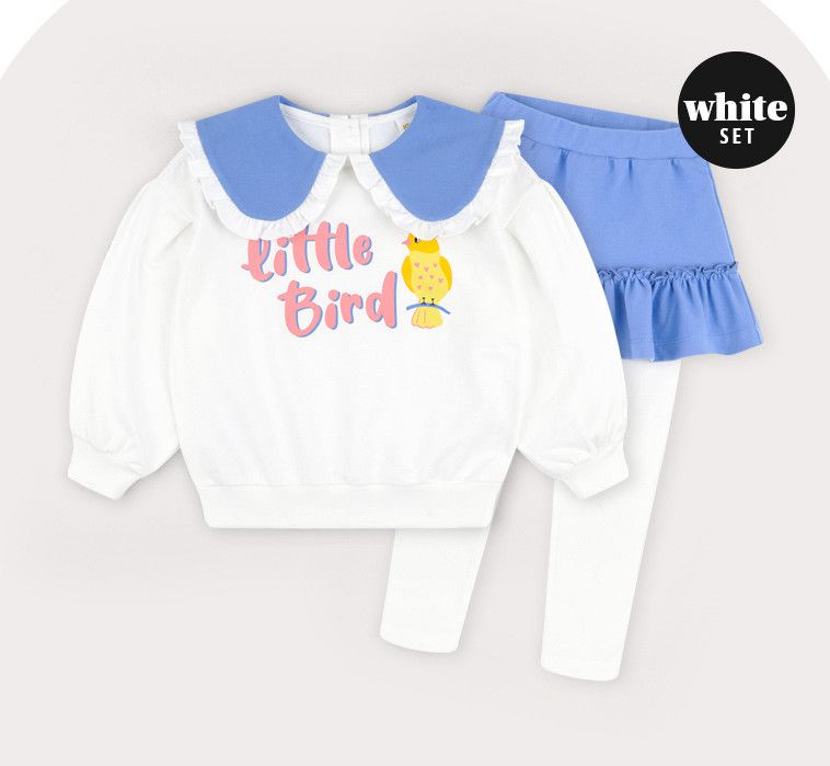 韓國 HEJMINI - 森林鳥荷葉邊內搭褲裙套裝-白