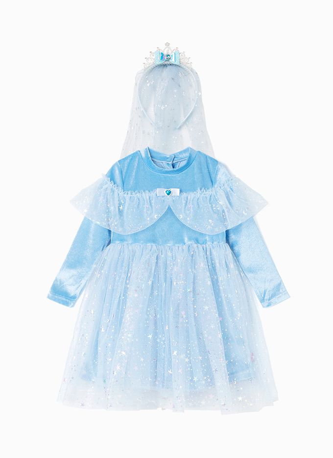 韓國 OZKIZ - (附髮箍)冬日公主星星亮片網紗洋裝-天空藍