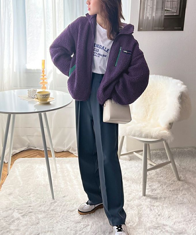 日本 Classical Elf - 泰迪熊毛絨立領運動風配色外套-紫x綠