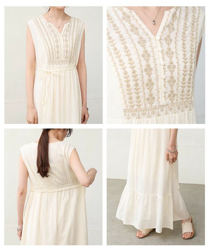 日本 Bab - 100%印度棉刺繡腰綁帶無袖洋裝-象牙