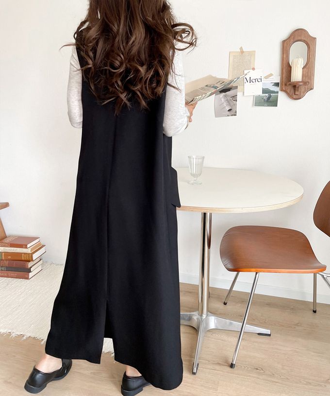 日本 Classical Elf - 簡約深V領氣質線條背心裙-摩卡棕